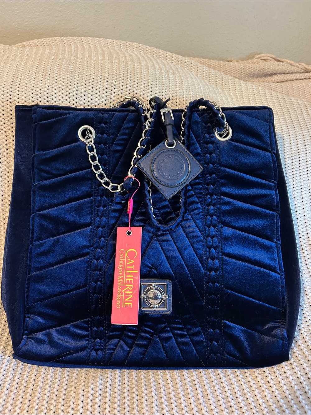 Catherine Malandrino Deep Blue Quilted Velvet Tote with Chain Straps